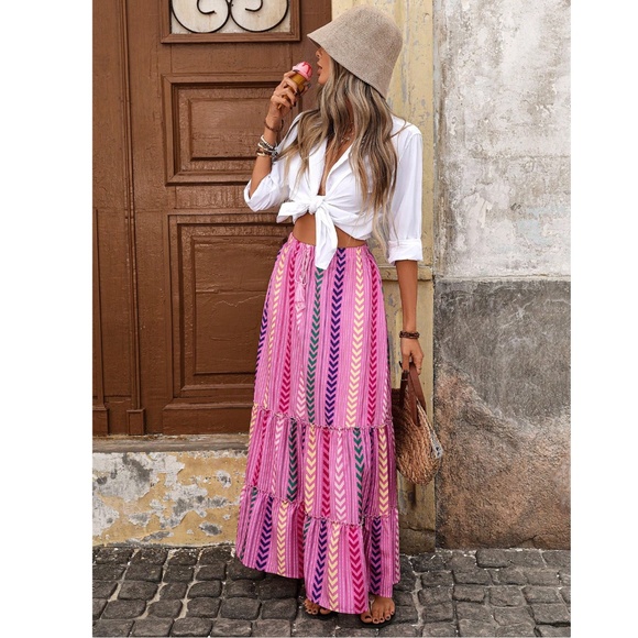 Pink Bohemian Chevron Print Ruffle Detail Maxi Skirt Faux Tassel Ties - Picture 2 of 7